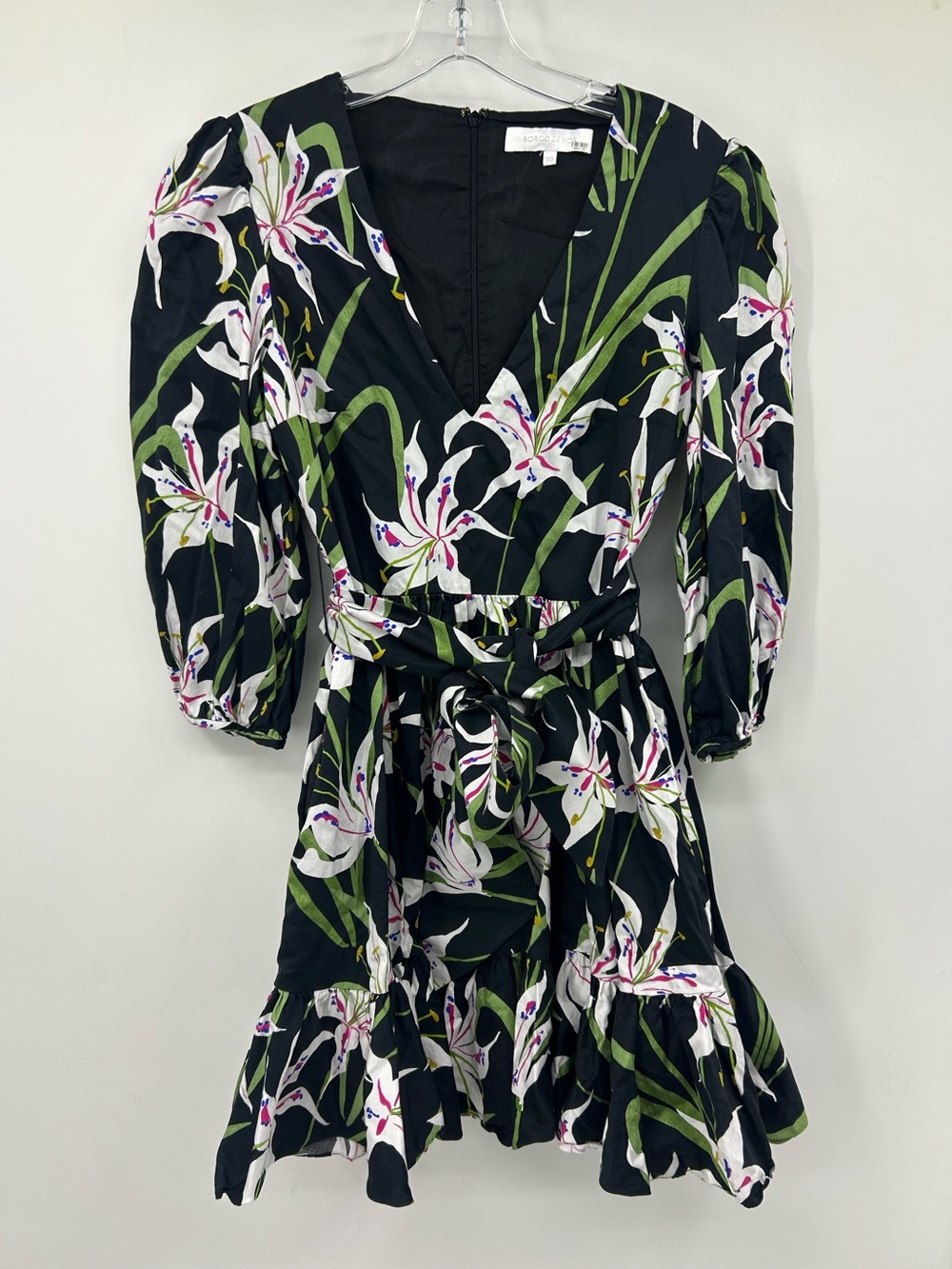 Borgo De Nor Anita Mini Dress Black Multicolor Lilly Print Ruffle Hem Belted 10